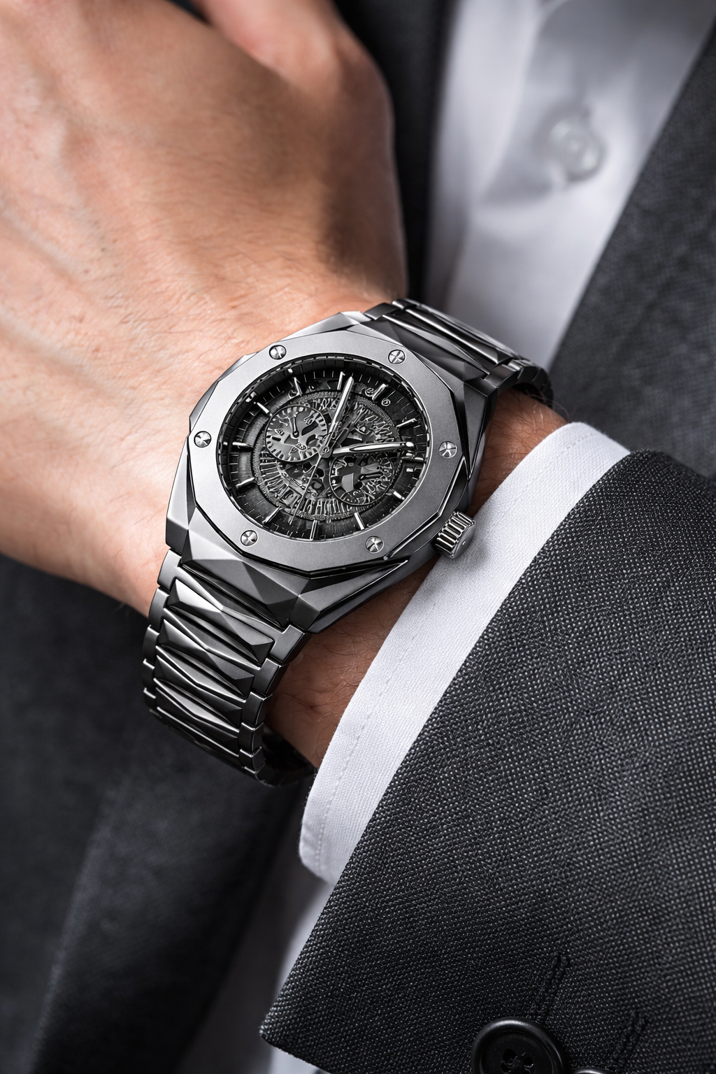 Hubolt Luxury Watch For Men Stainless Steel Chain Diamond Cut Design Skeleton