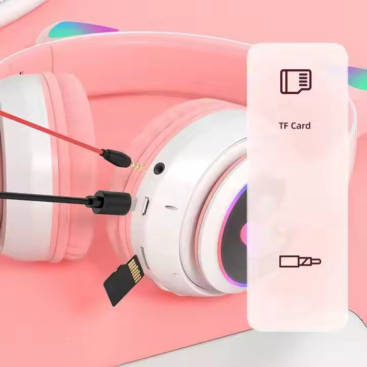 Cat Ear Bluetooth Headphones LED Light Wireless Foldable Stereo Headset with Mic