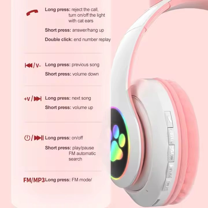 Cat Ear Bluetooth Headphones LED Light Wireless Foldable Stereo Headset with Mic