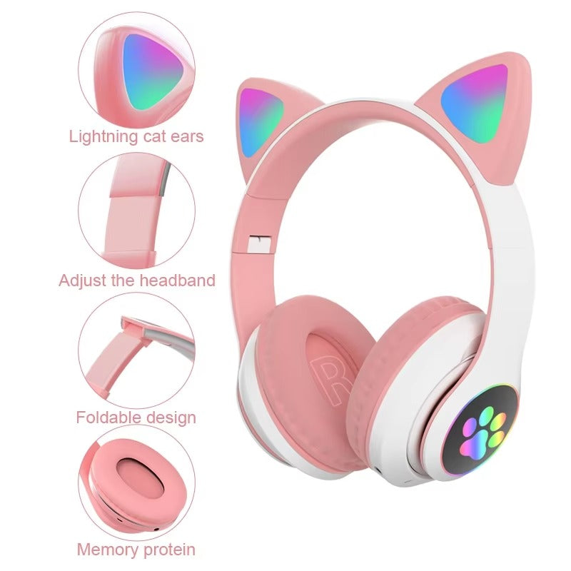 Cat Ear Bluetooth Headphones LED Light Wireless Foldable Stereo Headset with Mic
