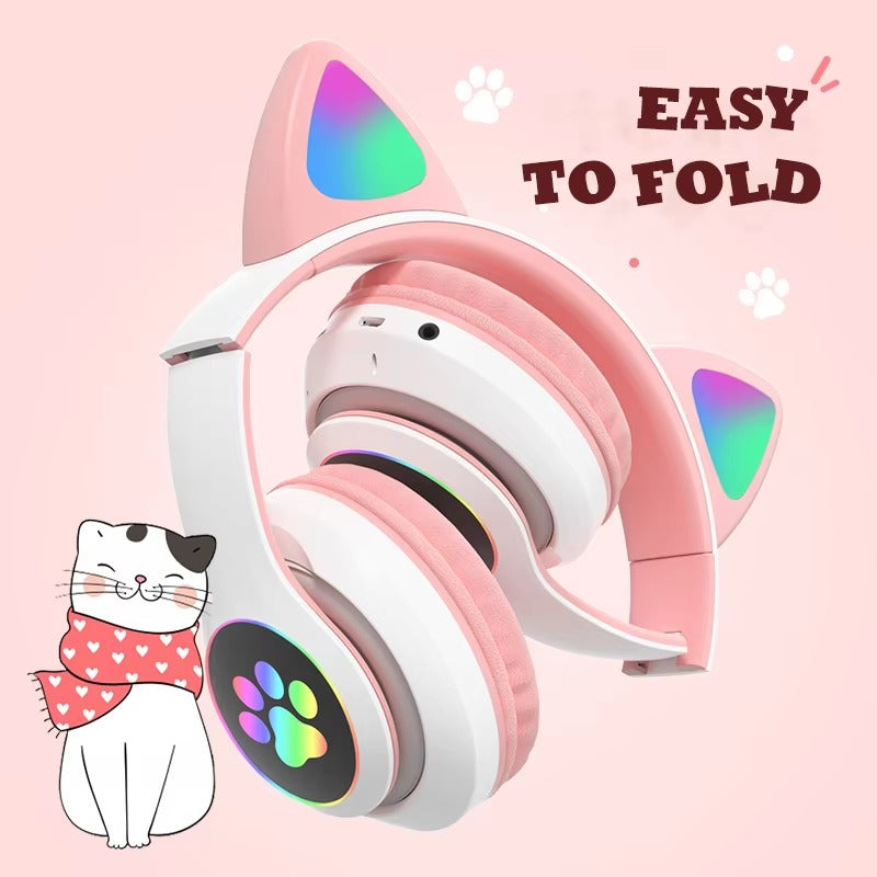 Cat Ear Bluetooth Headphones LED Light Wireless Foldable Stereo Headset with Mic