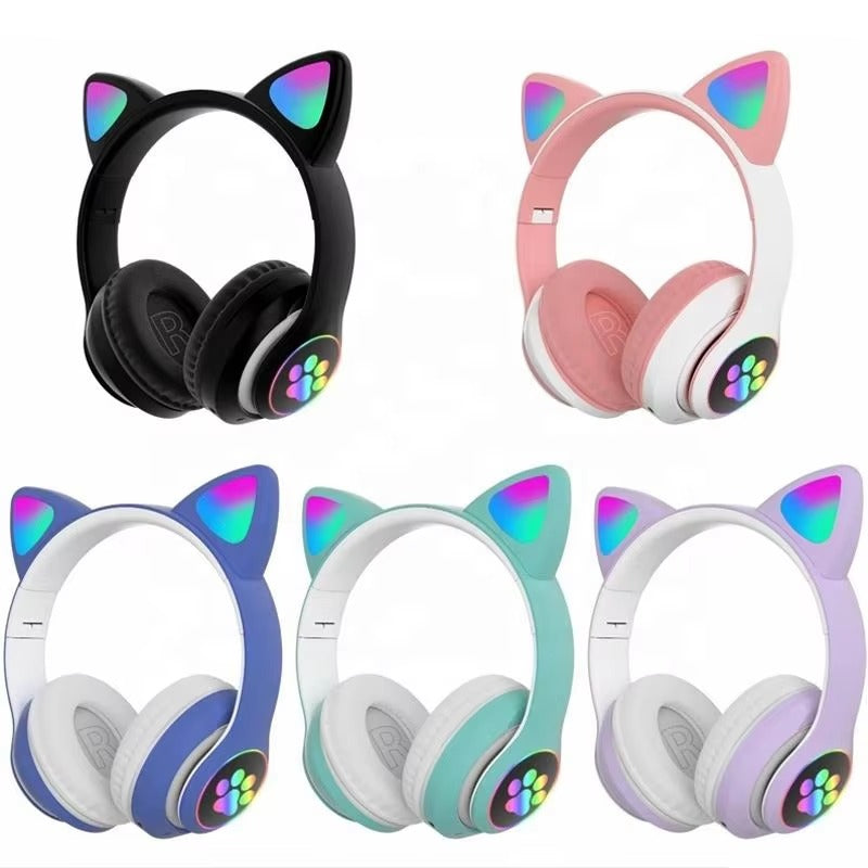 Cat Ear Bluetooth Headphones LED Light Wireless Foldable Stereo Headset with Mic