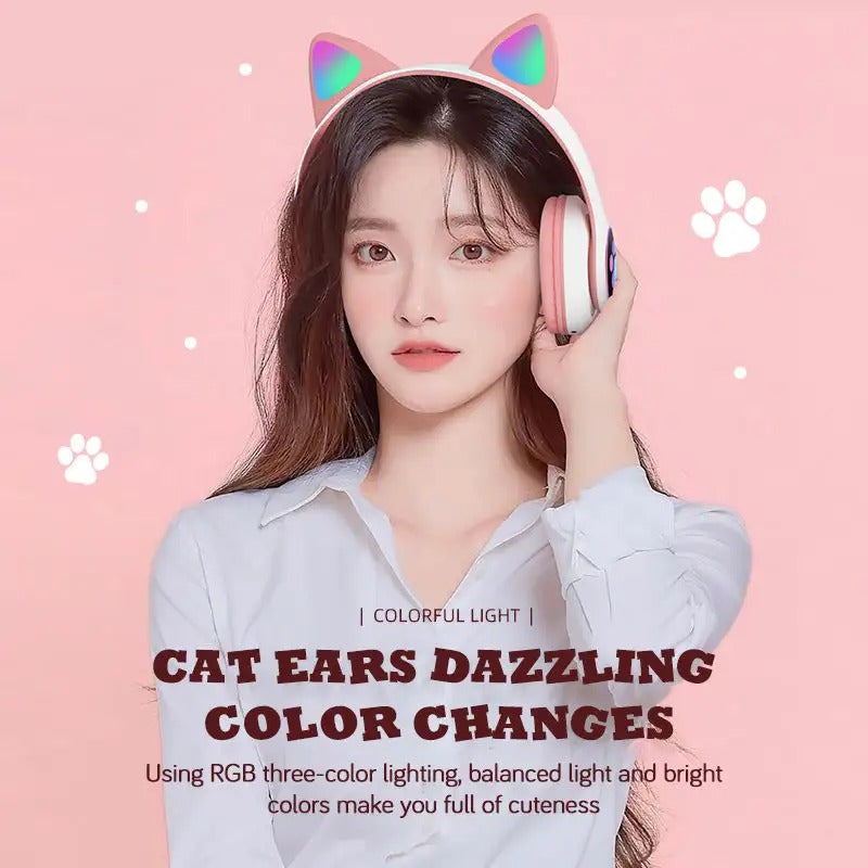 Cat Ear Bluetooth Headphones LED Light Wireless Foldable Stereo Headset with Mic