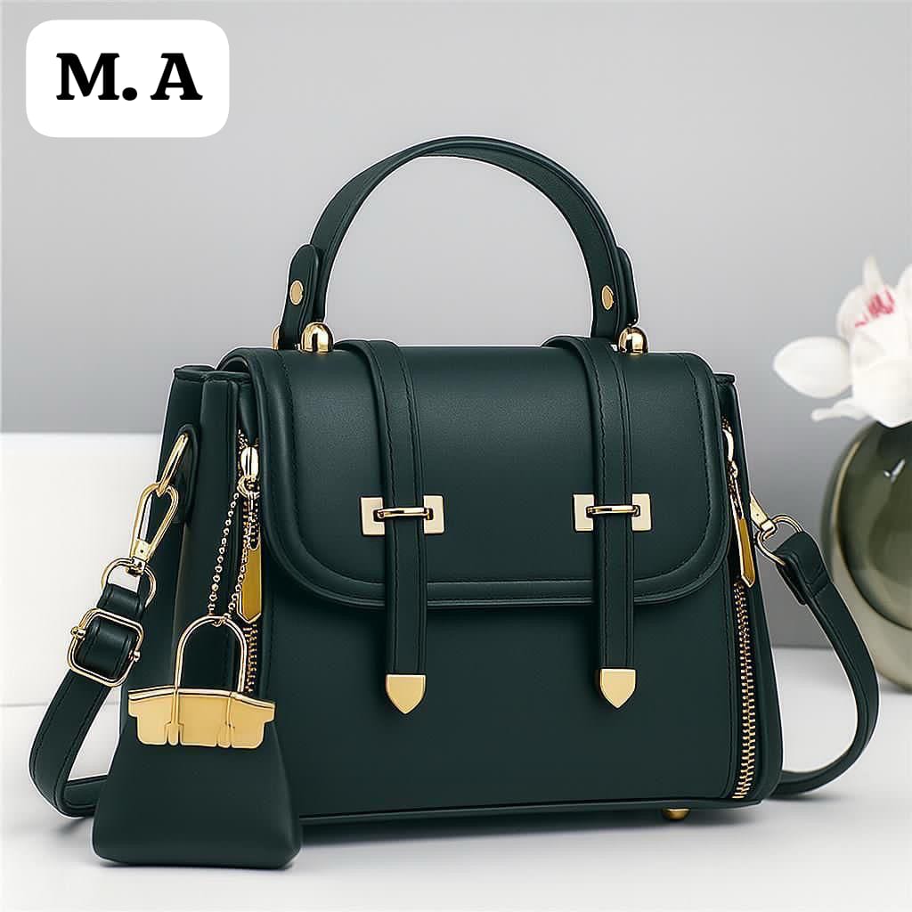 Vegan Leather Top-Handle Satchel Hand bag with Mini Charm