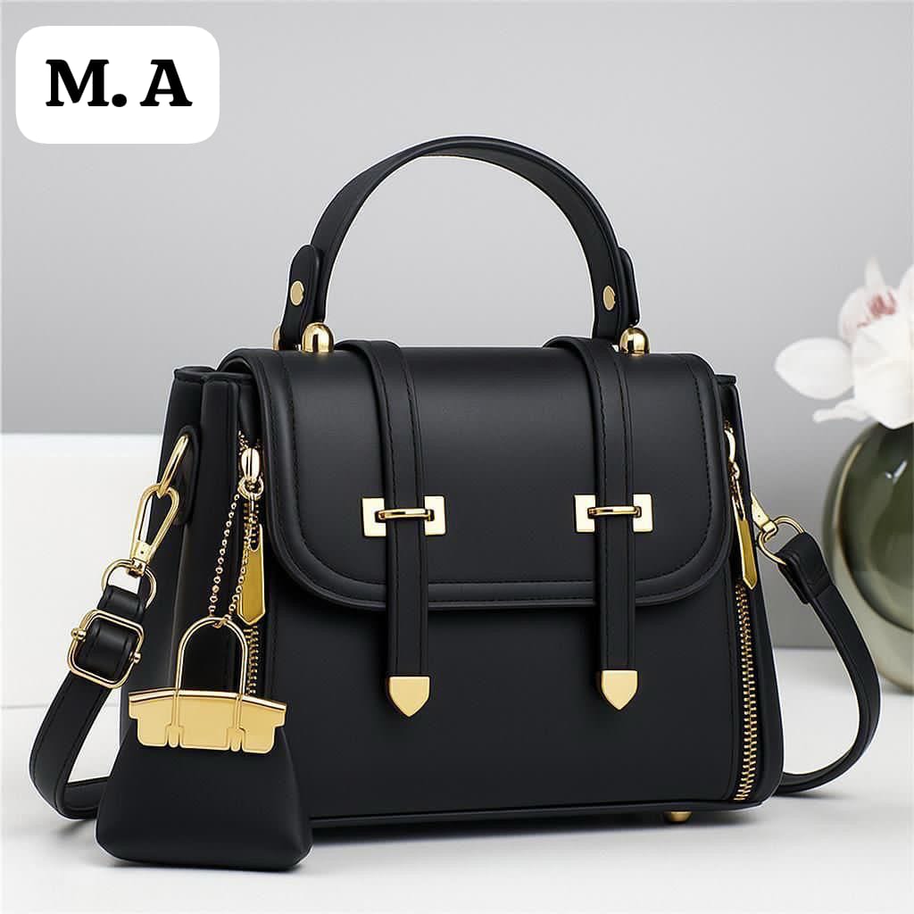 Vegan Leather Top-Handle Satchel Hand bag with Mini Charm