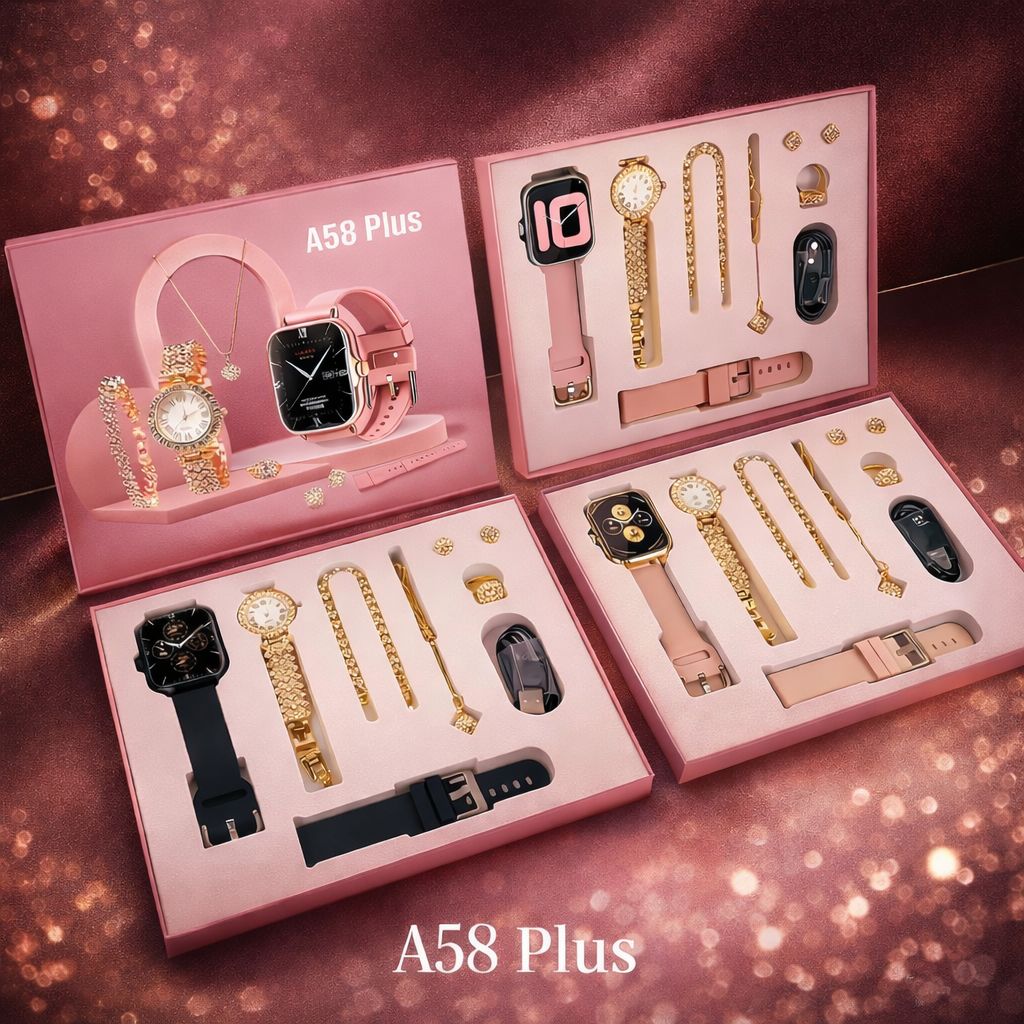 A58 Plus Smart Watch Gift Set for Women – 7 in 1 Luxury Bracelet & Jewelry Combo