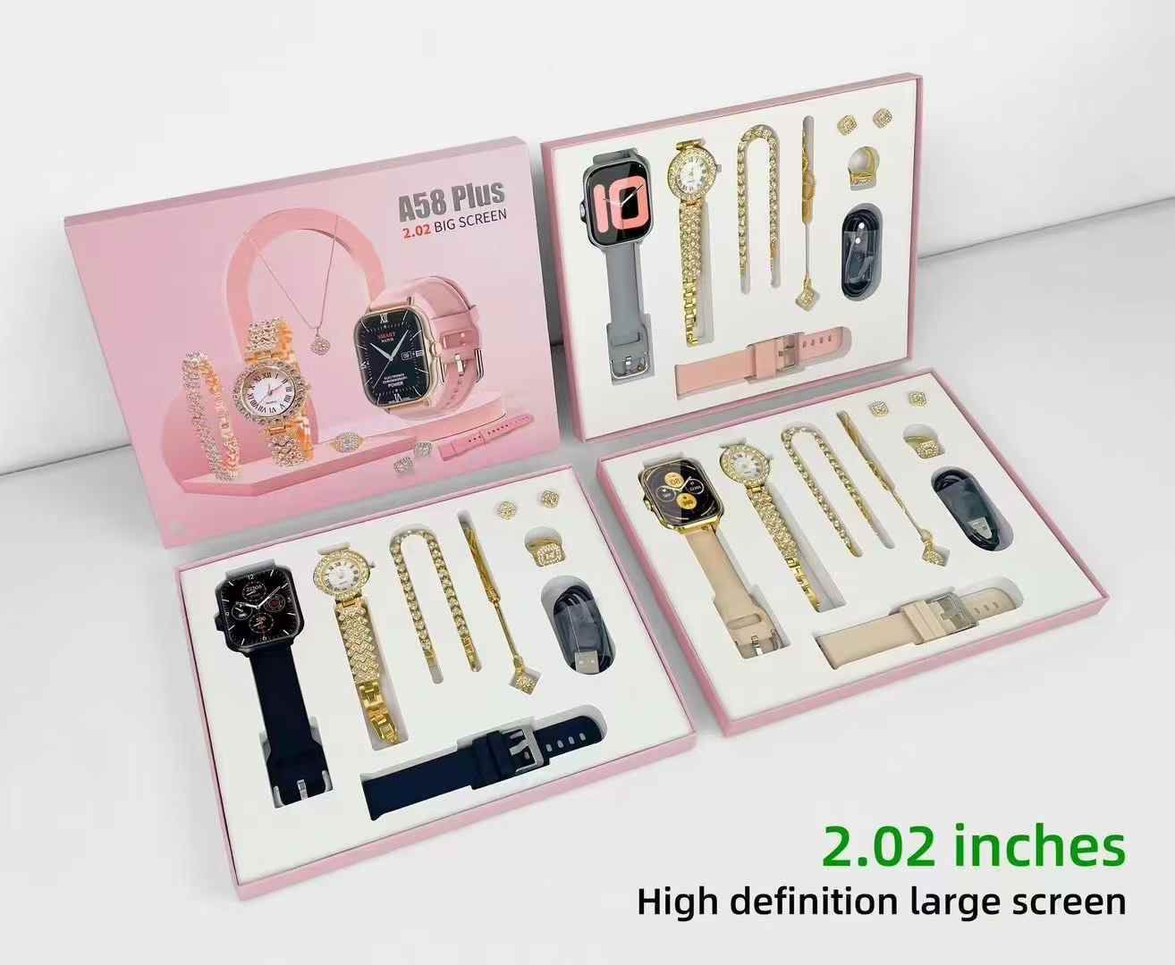 A58 Plus Smart Watch Gift Set for Women – 7 in 1 Luxury Bracelet & Jewelry Combo