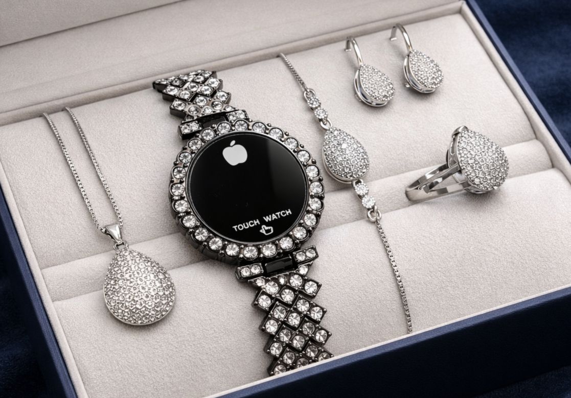 Crystal Touch Watch & Jewelry Gift Set for Women – 6PCS Silver Rhinestone Collection