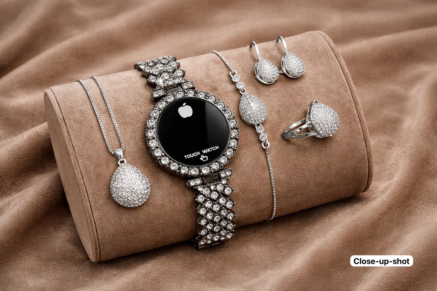 Crystal Touch Watch & Jewelry Gift Set for Women – 6PCS Silver Rhinestone Collection