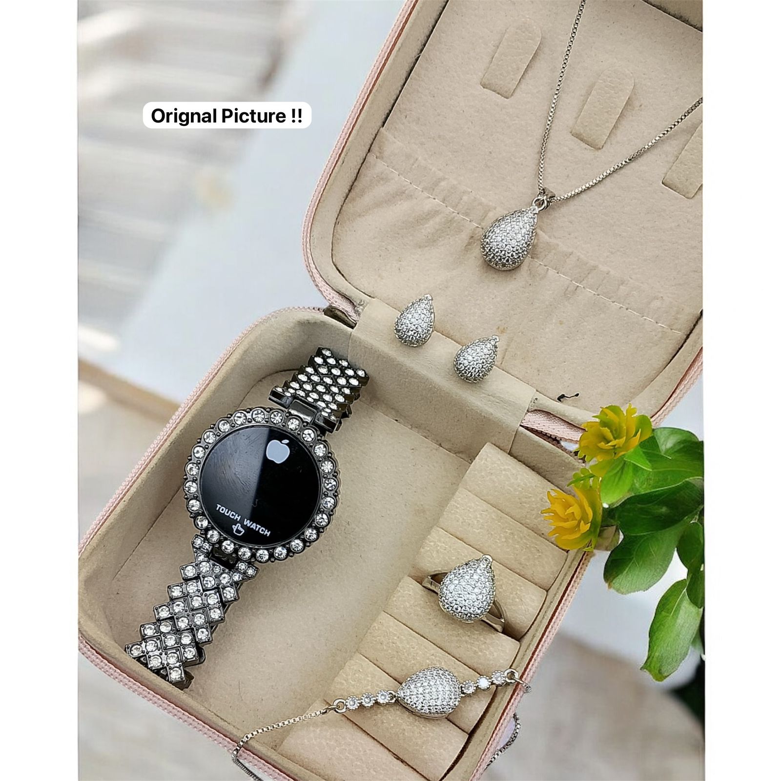 Crystal Touch Watch & Jewelry Gift Set for Women – 6PCS Silver Rhinestone Collection