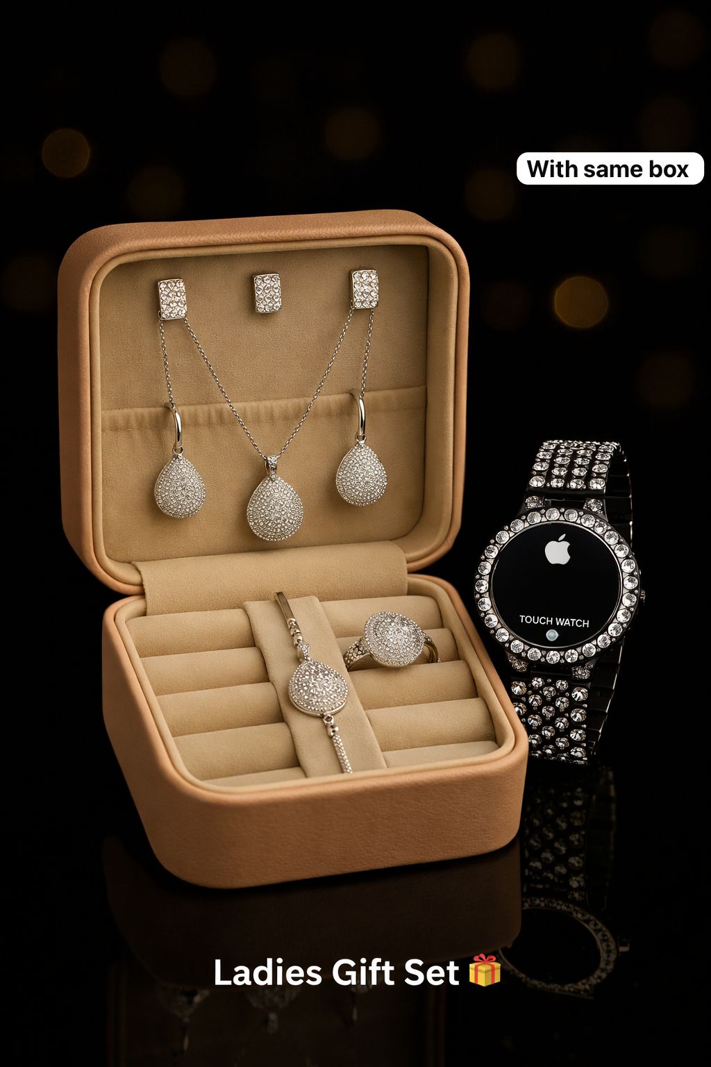 Crystal Touch Watch & Jewelry Gift Set for Women – 6PCS Silver Rhinestone Collection