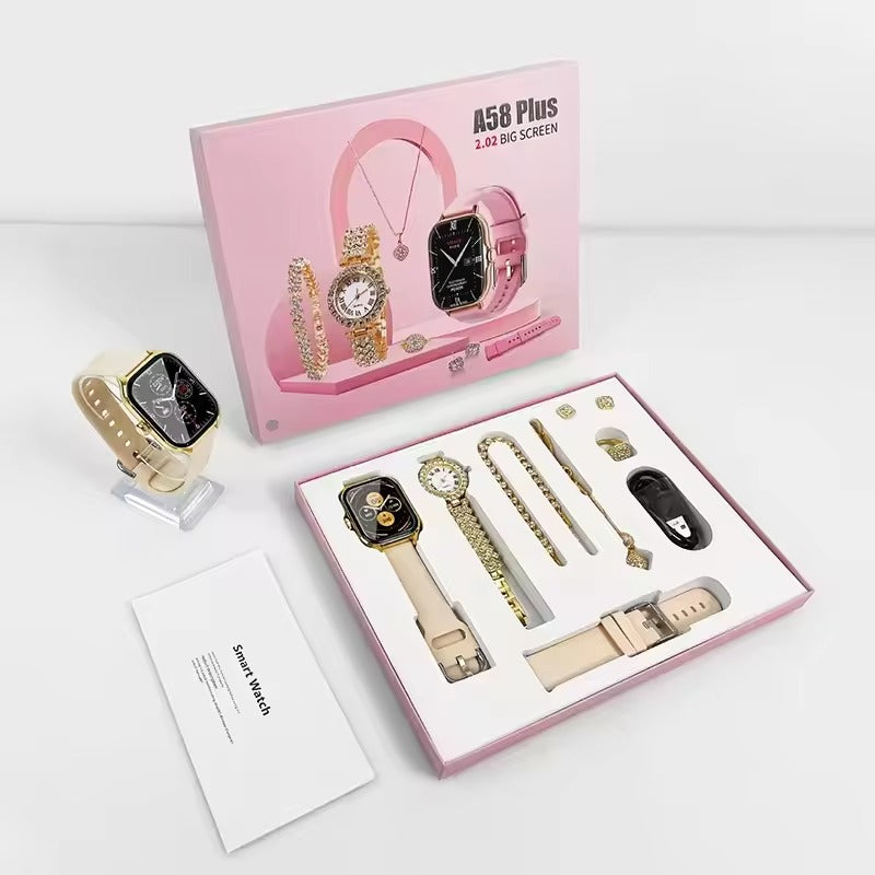A58 Plus Smart Watch Gift Set for Women – 7 in 1 Luxury Bracelet & Jewelry Combo