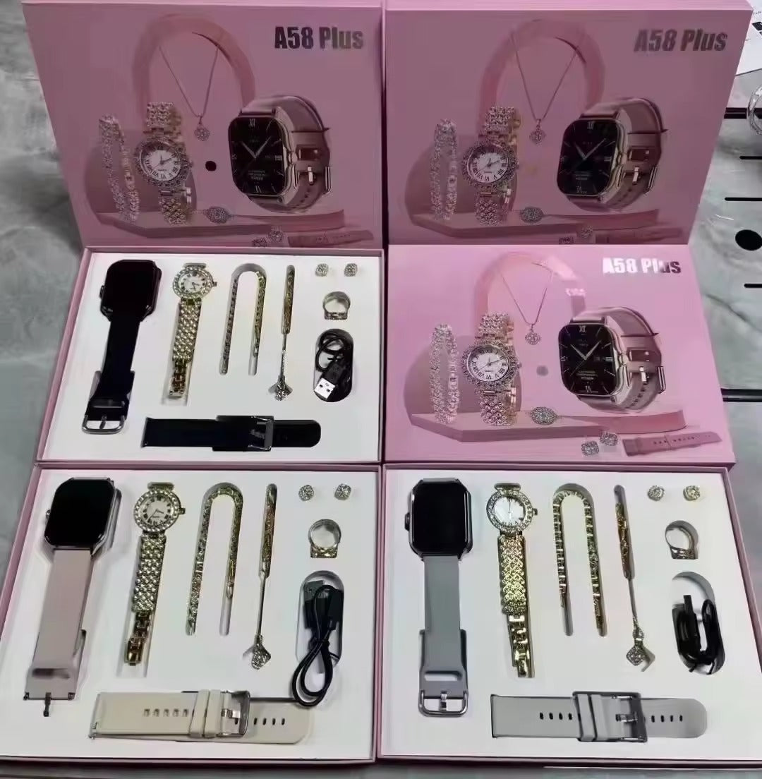 A58 Plus Smart Watch Gift Set for Women – 7 in 1 Luxury Bracelet & Jewelry Combo