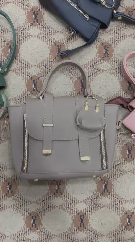 Vegan Leather Top-Handle Satchel Hand bag with Mini Charm